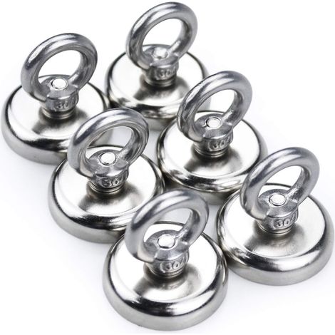 Lot de 6 aimants de pêche puissants en néodyme, force de traction de 50 kg, aimant en terres rares avec trou fraisé, diamètre de l'œillet : 36 mm, pour la récupération en rivière et la pêche magnétiqu (1/4)