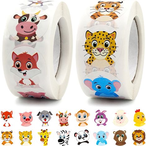 1000 autocollants animaux, 2,5 cm, papier couché, motifs dessin animé, pour récompenses enfants et enseignants (1/5)