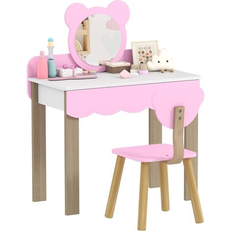 CHICFURN Tocador infantil con taburete 68 x 35 x 86 cm, MDF rosa, espejo oso, 2 piezas (1/5)