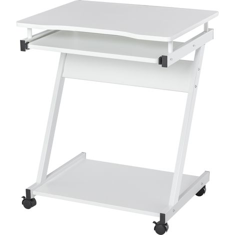 Bureau informatique roulant blanc avec tablette coulissante pour clavier et étagère - Table d'ordinateur mobile (1/5)