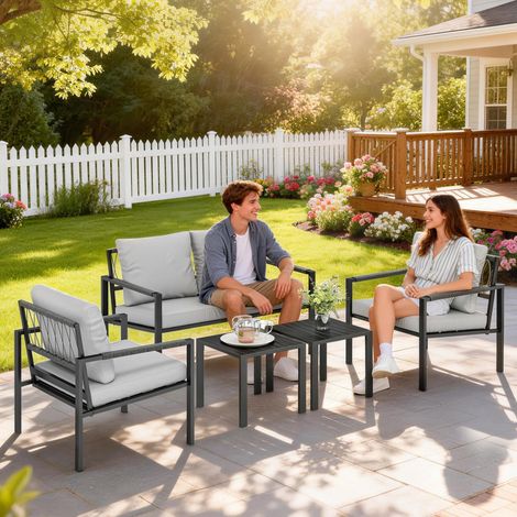 Ensemble mobilier jardin 4 places étanche canapé 2 places fauteuils table d’appoint coussins inclus design - Couleur: Gris clair