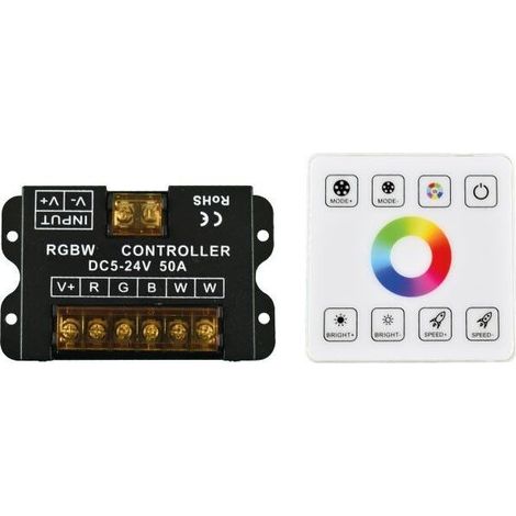 Contrôleur RGBW pour rubans LED avec panneau tactile RF, compatible tous types de bandes lumineuses LED, réglage précis des couleurs et de la luminosité, fixation murale incluse (1/5)
