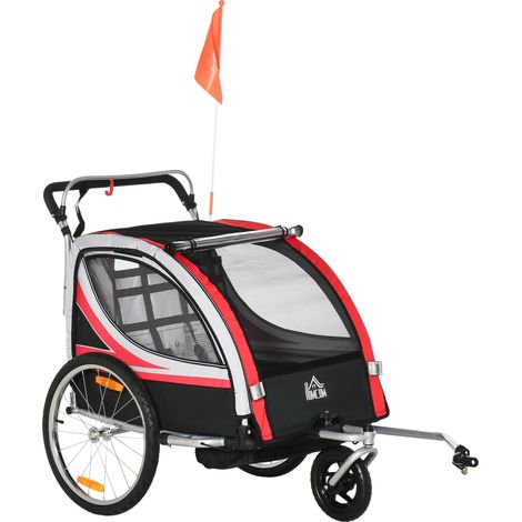 Remorque vélo et poussette enfant 2 en 1 avec frein, harnais 5 points, poches latérales, réflecteurs et drapeau, rouge (1/5)