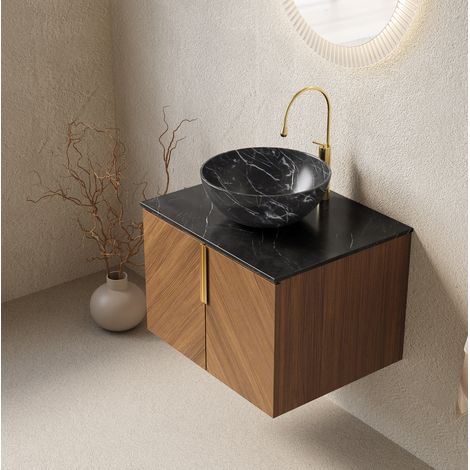 Mobile lavabo sospeso 61 cm moderno, finitura rovere espresso, 2 ante soft-close, piano in pietra sinterizzata e lavabo in ceramica nero (1/5)
