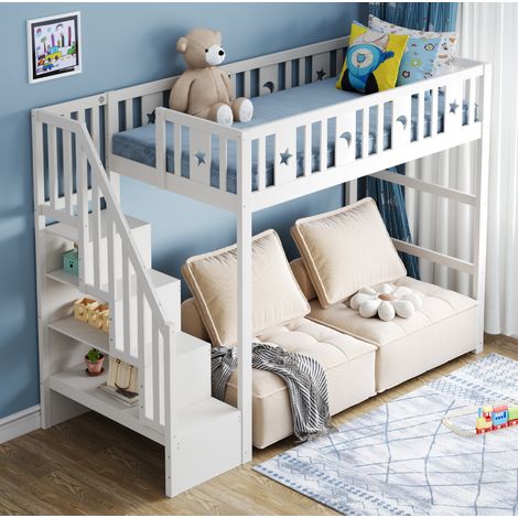 MEUBLIV Lit mezzanine enfant 90x200 cm blanc – escalier avec rangement, sans matelas (1/5)