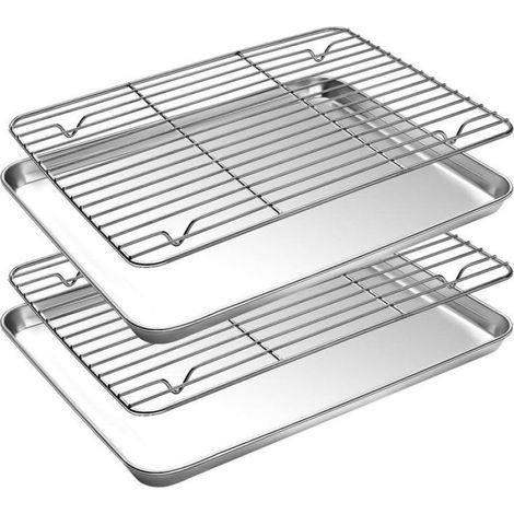 Plat À Four - Acier Inoxydable - Avec Grille Intégrée - Pour Cuisson Et Réchauffage - 23,5 x 17,5 x 2,5 cm - Lot De 2 (1/5)