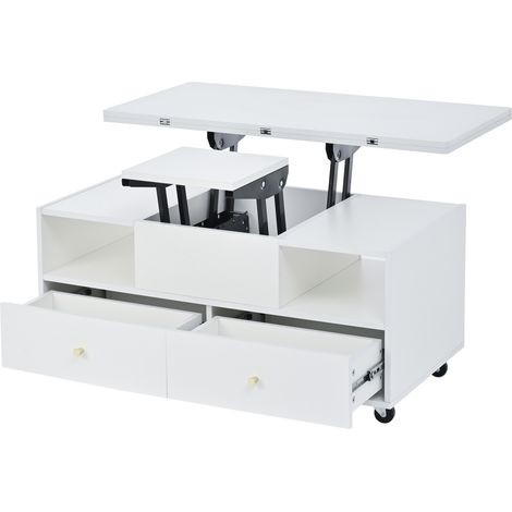 Table basse relevable blanche avec 4 tiroirs et plateau rabattable 100 x 50 x 47,5 cm (1/5)