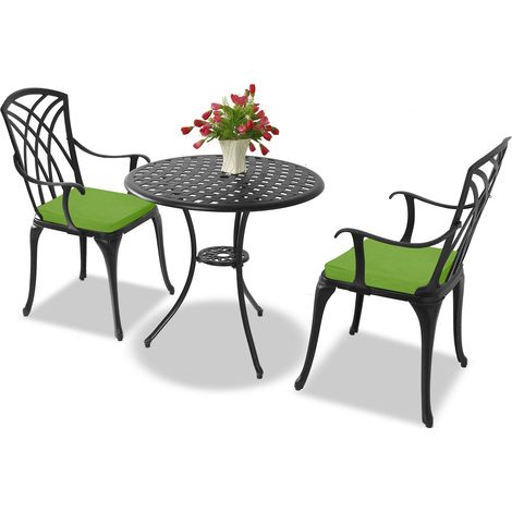 Homeology OSHOWA Black Aluminium Weatherproof Outdoor Table and 2 Comfortable Chairs with Armrests Bistro Set with Green Cushions (1/5)