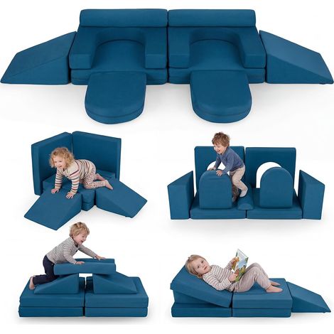 10 x Canapés modulables pour enfants en mousse et tissu suédé doux, canapé convertible 2 places avec housses amovibles et lavables, fauteuil (bleu) (1/5)
