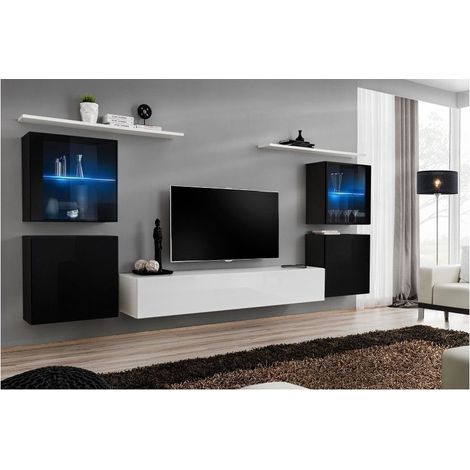 Ensemble meuble TV mural  - Switch XIV - 320 cm  x 150 cm  x 40 cm - Noir et blanc - Livraison gratuite