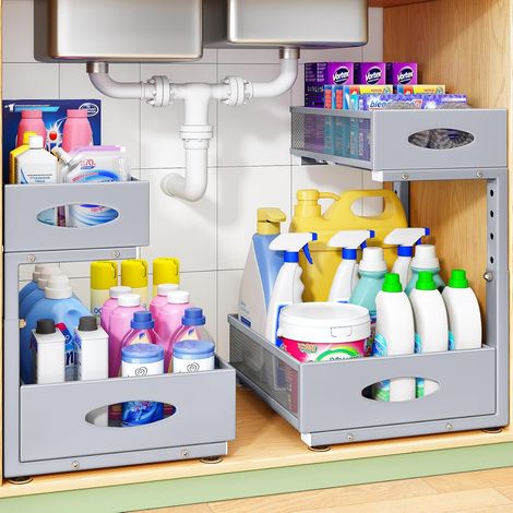 Organisateur Sous Évier Coulissant à 2 Niveaux avec Paniers en Maille Grande Capacité, Étagère de Rangement Réglable en Hauteur en Forme de L pour Cuisine, Salle de Bain et Buanderie, Gris (1/5)