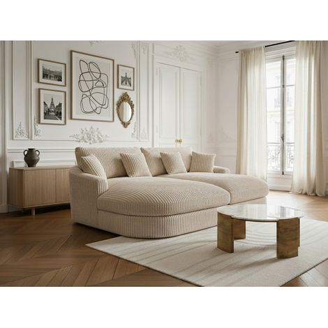 BOBOCHIC - Canapé droit fixe 3 places BELEM assise profonde gros côtelé doux Taupe (1/5)
