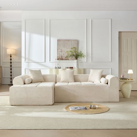 Sofá chaise longue de 4 plazas en chenilla beige, 263 cm de ancho OKMYHOME (1/5)