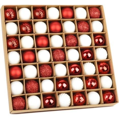 Lot de 49 boules de Noël en plastique avec crochet de suspension - Rouge et blanc - 3 cm - Incassables - Décoration saisonnière pour mariage, fête, mariage (1/5)