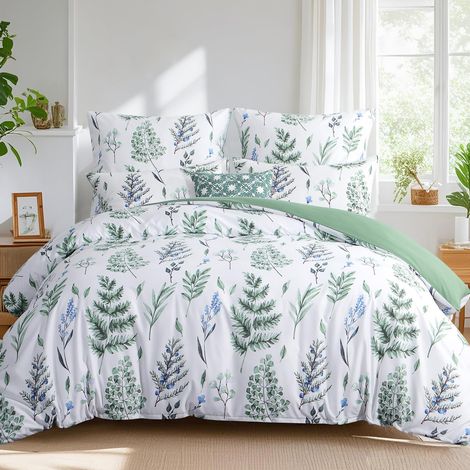 Parure de lit 220x240 3 pièces, Housse de couette 240x220 avec 2 taies d'oreiller 80x80 cm Vert, Parure de lit en microfibre Motif fleurs sauge, Housse de couette sans repassage (1/5)