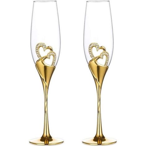 Ensemble de Verres à Champagne de Mariage avec DéCoration de Coeurs BordéS de Strass pour Mariage, Anniversaire et Occasions (1/4)