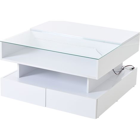 Tavolino elevabile 80x80x45 cm con contenitore, 2 cassetti, LED, bianco lucido (1/5)