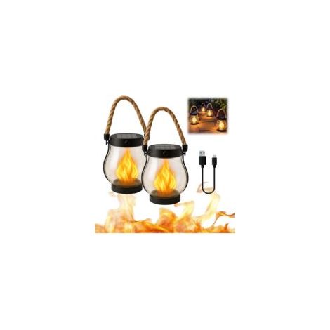 Set mit 2 wasserdichten Solarlaternen für den Außenbereich mit blinkender Flamme und Hanfseil, ideal für Gärten und Höfe - Crezuo