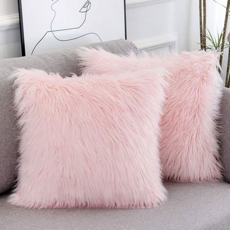 Lot de 2 housses de coussin – Fausse fourrure style mérinos rose, luxe décoratif, carré 45x45 cm (1/4)