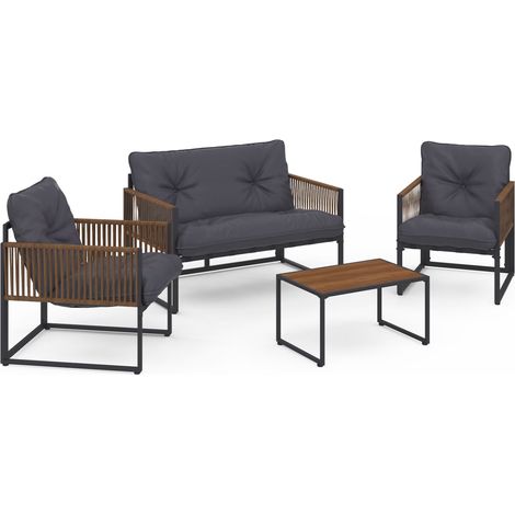 Idmarket – Salon de jardin bas 4 places – Structure métal gris anthracite – Accoudoirs effet rotin – Coussin gris épais – Table basse L.65 x l.42 x H.35 cm