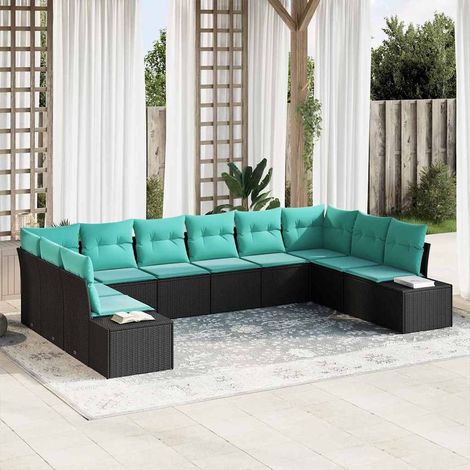 Set Divano da Giardino 10 pz 9-Numero di posti Nero e Turchese vidaXL (1/5)