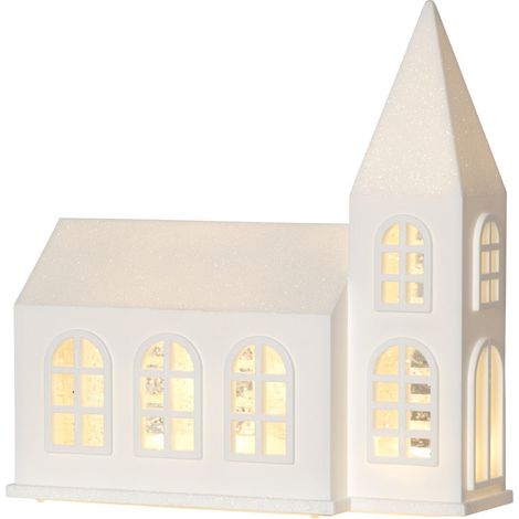 Maison LED Star Trading 'Vinter' avec effet pailleté, église décorative blanche, piles + minuterie, 3 sources de lumière blanc chaud, H 20,5 cm (1/4)