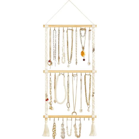 Support Bijoux Mural - 30 Crochets en Bois - Cordon en Coton Macramé - Pour Colliers Bracelets Boucles d'Oreilles - 86 x 33 cm - 1 Pièce (1/5)
