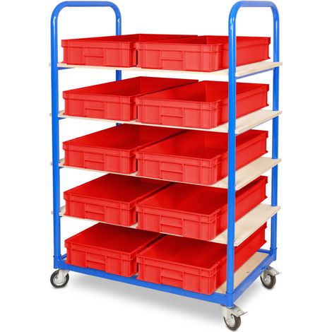 BRB Etagenwagen mit 5 Ebenen, BxTxH 1050x500x1450 mm, bestückt mit 10 Euroboxen BxTxH 600x400x120 mm (rot) (1/2)