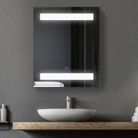 Badezimmerschrank mit Spiegel, LED-Beleuchtung, 2 Ablagen und Touch-Schalter für Schlafzimmer-WC, 50 x 15 x 60 cm, Weiß