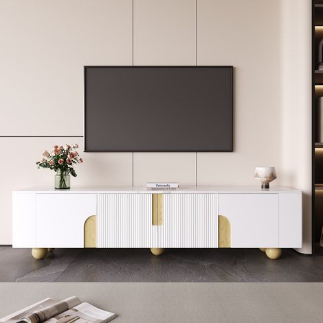 Meuble TV blanc 180x40x44 cm effet marbre 4 portes rangement pieds boules en bois design moderne (1/5)