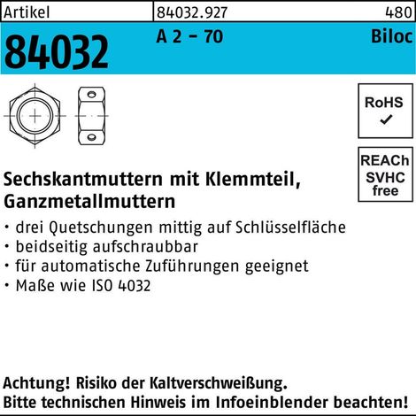 Selbstsichernde Sechskantmutter ART 84032 M 8 x 1,25 Edelstahl A2 blank Biloc 500 Stk (1/2)