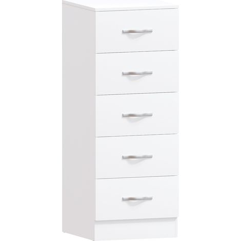 Home Discount – Commode étroite haute 5 tiroirs – Dimensions H 90 x L 34,5 x P 36 cm – MDF et panneau de particules – Poignées en acier inoxydable