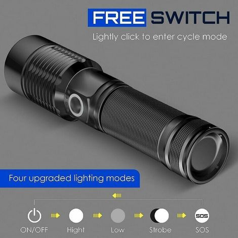 Extrem leistungsstarke LED-Taschenlampe - S6000 Wiederaufladbare taktische Taschenlampe 3000 Lumen, USB-wiederaufladbare LED-Taschenlampe, 5 Modi, einstellbare Intensität, Zoom, wasserabweisend. (1/4)