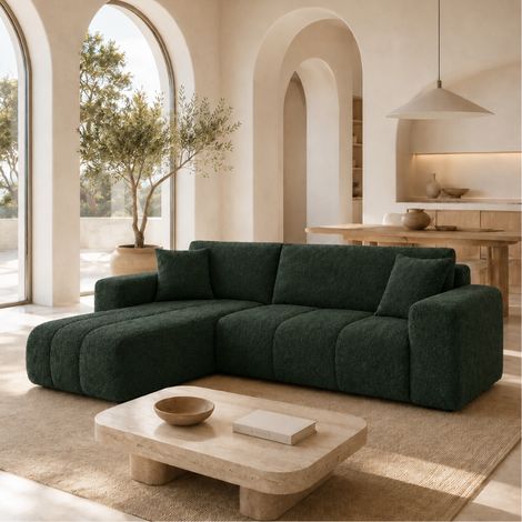 TALIO - Canapé d'angle convertible en tissu bouclette - 4 places - 245 cm - Vert (1/3)