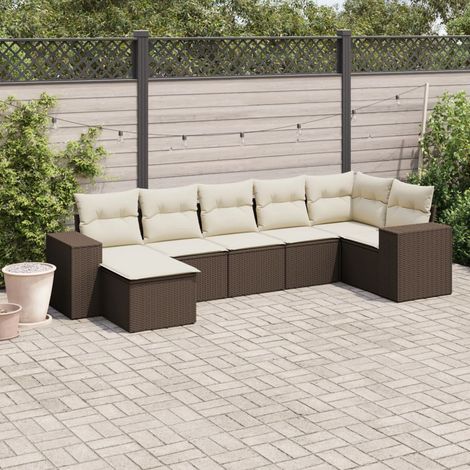 Ensemble Salon de Jardin Modulaire Résine Tressée Marron 7 Pièces avec Coussins Crème Amovibles - Banc, Siège Central, Accoudoir et Pouf Rangement Intégré (1/3)