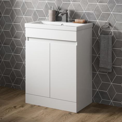 White Vanity Unit with Basin Sink Bathroom Furniture 600mm Freestanding Gloss (1/5)