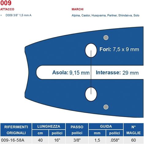 Barra motosega 40 cm - 16" passo 3/8", spessore 1.5 mm - .058" attacco 009, 60 maglie 452738