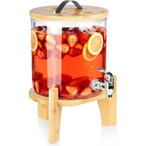 Jarra dispensadora de bebidas grande de vidrio con grifo y soporte de 5 litros. (1/5)