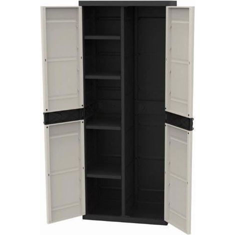 Armoire de jardin 2 portes – Dimensions L70 x P44 x H176 cm – Beige et noire – Étagères et penderie intégrées – Plastiken (1/5)