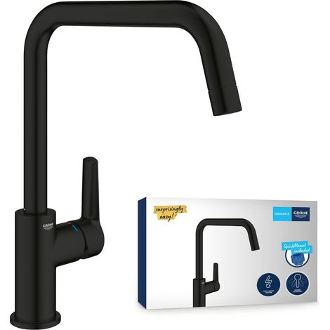Mitigeur Monocommande Robinet pour Evier de Cuisine (Bec en U Haut 310 mm, Cartouche Céramique 28 mm, Zone de rotation 150°, Facile à installer), Noir Mat (1/5)