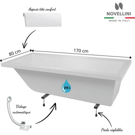 Novellini – Baignoire rectangulaire 170 x 80 cm – Acrylique haute qualité – Installation encastrée – Repose-tête et vidage automatique inclus
