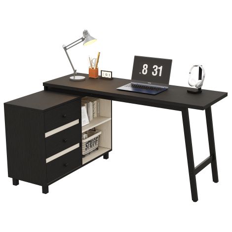 Bureau en forme de L 150 x 100 x 76 cm avec trois tiroirs, deux étagères ouvertes, pieds en tube d'acier, grand plateau, noir et blanc (1/5)