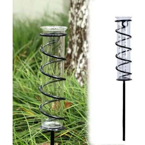 Pluviomètre transparent à 12 graduations avec tige métallique spiralée – jardin et aménagement paysager (1/5)