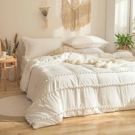 Housse de Couette 140x200 Bohème Pompoms Frange Blanc Parure de lit (1/5)