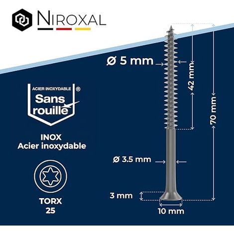 Vis à bois inox A2 V2A H2 Torx TX tête fraisée 90° filetage total 5 mm 5x70 mm vis bois inox torx (1/4)