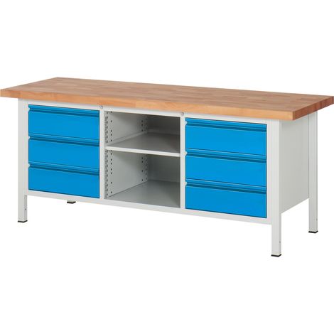 STIER Höhenverstellbare Werkbank Premium mit 6 Schubladen und einem offenen Fach BxTxH 2000x700x840-1040mm RAL 7035 / RAL 5012 (1/5)