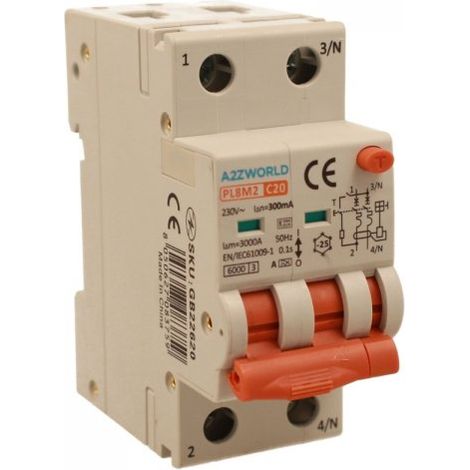 RCBO Interruttore Magnetotermico Differenziale Con Doppia Leva Tipo A Curva C 2P 2M 6000A 300mA, Diagnostica Visiva, C20A  AC 230V IP20 IEC61009-1 PL8M2 GB65620