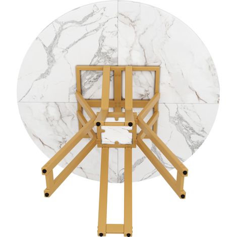 Tavolo da pranzo rotondo 100 x 100 x 76 cm, piano in MDF effetto marmo e gambe dorate (1/5)