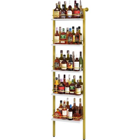 5 étages étagères à vin autonomes, étagère d'affichage de Bouteilles de Liqueur avec clôtures, étagère Flottante montée au Mur pour la Cuisine, 43 x 20 x 177CM Bianco Con oro HWR001G (1/5)
