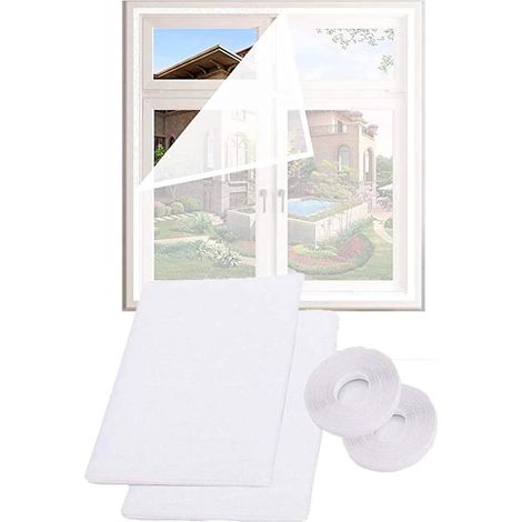 2 Pack Mosquito Net for Windows,Fly Window Screen Mesh  Protector with 2 Rolls Self-Adhesive Tapes [10mm Wide] （White) 1.3m x 1.5m (1/5)